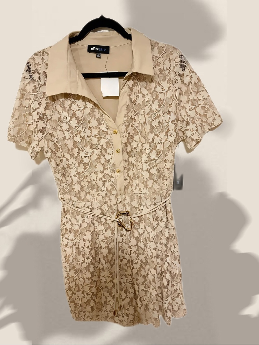 Alice Blue Cream Lace Shirt Dress with Waist Tie